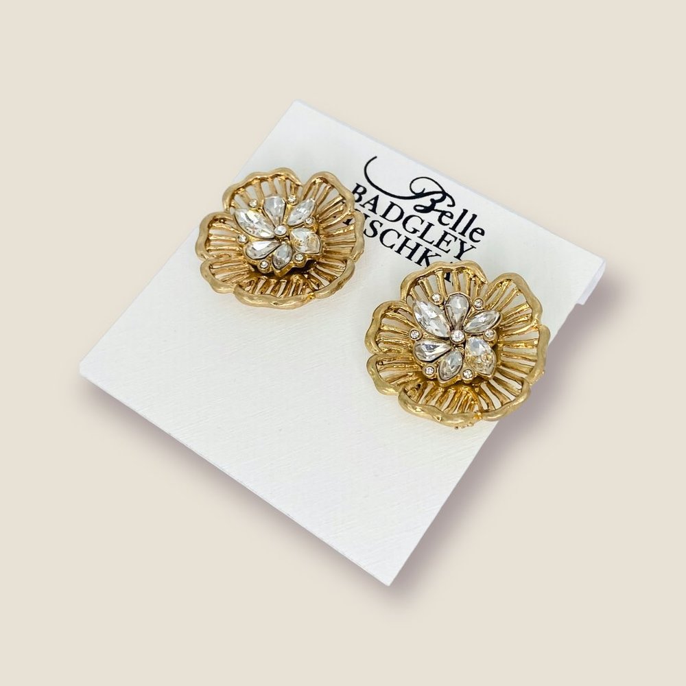 NEW Badgley Mischka Gold Cutout Flower Crystal Cluster Stud Statement Earrings